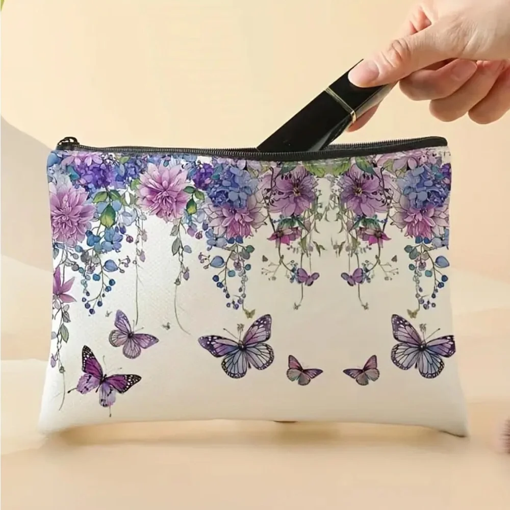 Floral Butterfly Print Makeup Pouch - White and Purple Cosmetic Bag - Picture 3 of 4